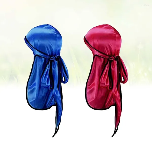 Bérets 2pcs Turban Soyeux Foulard Longue Queue Chapeau De Pirate Coiffe Pour Les Sports De Plein Air (Or Rose Noir Avec Bord Noir)