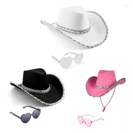 Beretten 2 stks witte kleur cowboy hoeden hart zonnebril set volwassen glinsterende pailletten trim hoed voor feest