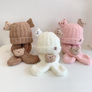 Boinas, 2 uds., gorro de invierno de felpa para bebé, conjunto de bufanda, oso bonito para niños, gorro cálido para niños, gorro para niñas y niños, estilo coreano 2023