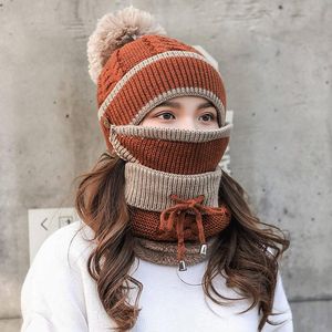 Bérets 3-en-1 hiver ensemble unisexe chaud bonnet Skullies tricot masque facial capuche Snood coupe-vent casquette femmes Ski équitation chapeau et écharpe ensembleBérets