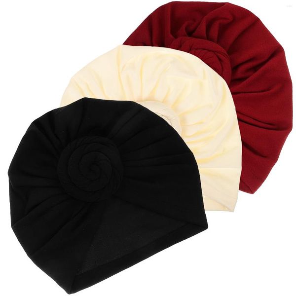 Bérets 3 pcs Fleur Noeud Enveloppement De Cheveux Headwrap Turban Écharpe De Couchage Chapeau Coton Femmes Décoratif Souple