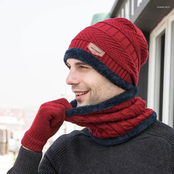 Bérets 3 en 1 bonnet chapeau écharpe gants ensemble pour hommes femmes garder au chaud tricot polaire doublé tricoté cou plus chaud en plein air Ski cyclisme