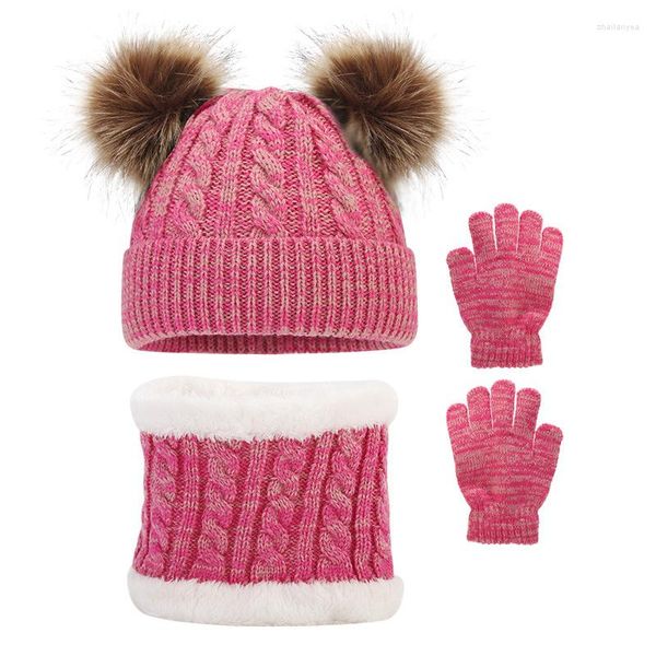 Bérets 3PC Accessoires chauds pour bébés Couleur unie Bonnet Bonnet Pompon Chapeaux tricotés Chapeau de bébé Écharpe Gants Ensemble d'extérieur mignon hiver 2-6 ans