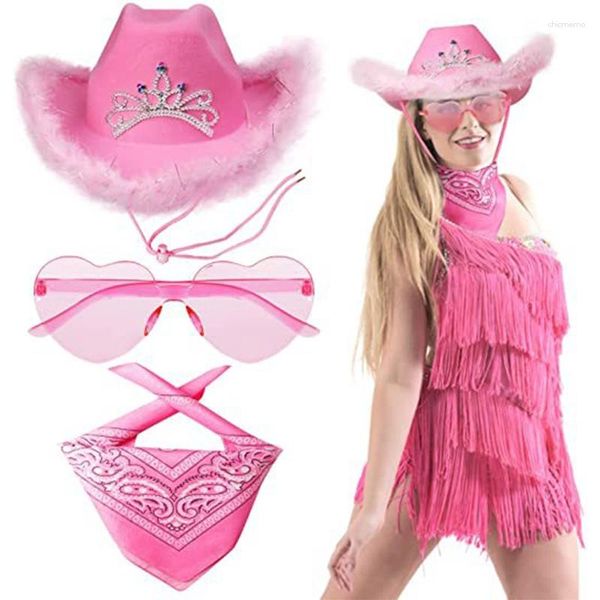 Bérets 3pcs Costume de fête de carnaval pour play Set Enfants Western Cowboy Hat de coeur rose Lunettes de soleil et bandana assorti