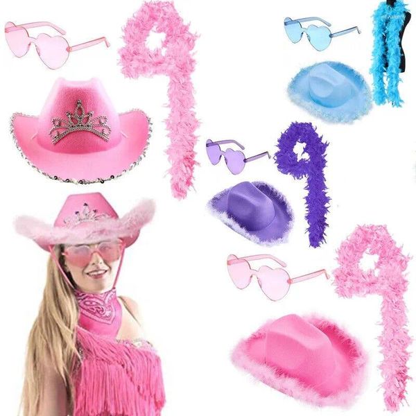 Bérets 3pcs Pink Western Cowgirl Hat Lunets Feathes Set pour les femmes Costume Halloween Play Tiara Felt Sequin Robe Decor Party Supplies