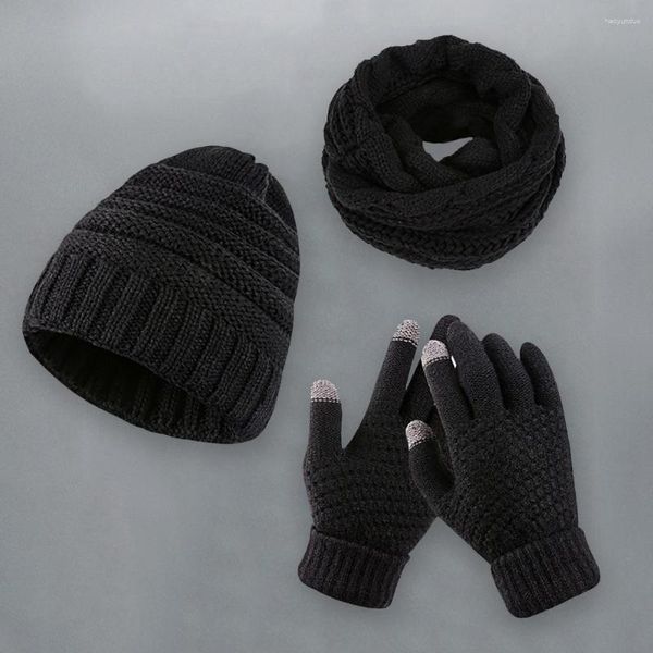 Bérets 3 pièces/ensemble Protection des oreilles ourlets poignets épaissi extensible écharpe chapeau gants ensemble unisexe hiver couleur unie tricoté bonnet