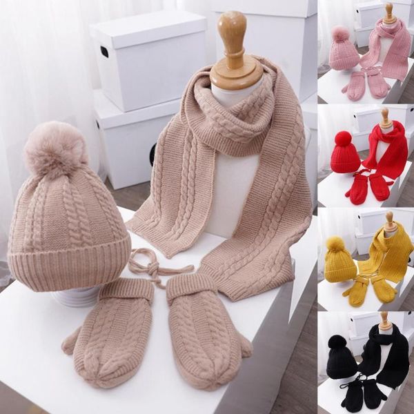 Bérets 3 pièces/ensemble peluche boule torsion écharpe chapeau mitaines polaire doublé couverture complète couleur unie chaud enfants gants pour automne hiver bérets