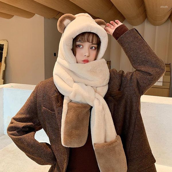 Bérets 3 pièces/ensemble épaissi ours écharpe chapeau gants ensembles femmes mignon japonais Kawaii hiver peluche tout-en-un à capuche gants chauds