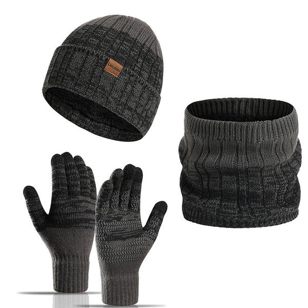 Boinas 3 unids/set invierno otoño tejido bufanda sombrero guantes conjuntos cálido a prueba de viento engrosado suave pantalla táctil guantes traje