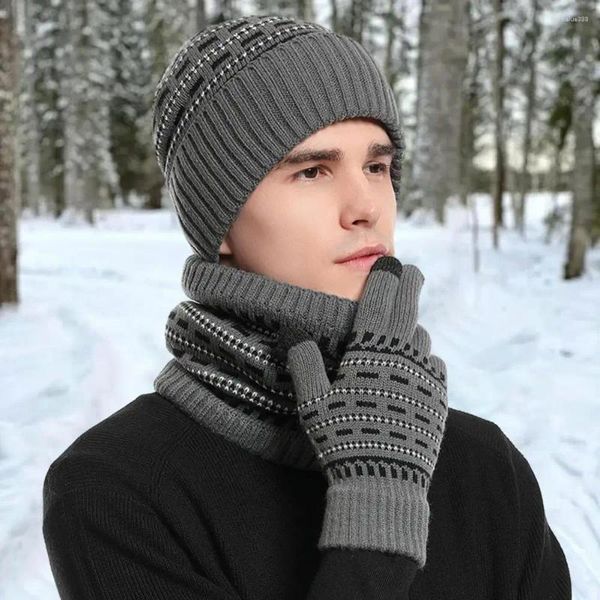 Boinas 3 unids/set mujeres hombres tejer gorro guantes bufanda conjunto contraste color forro polar lana hilo tejido cuello polaina sombrero mitones