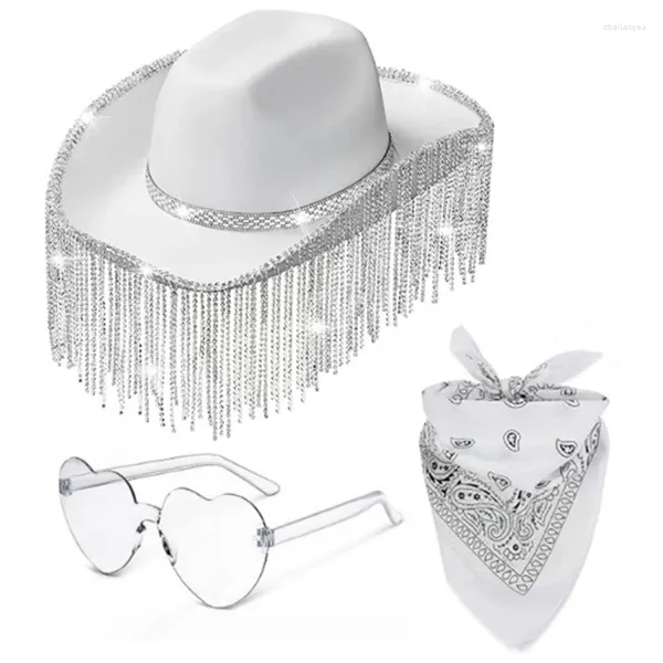 Bérets 3 pièces lunettes de soleil coeur adulte foulard chapeau de cowboy ensemble carnaval mariée anti-soleil avec décor de glands