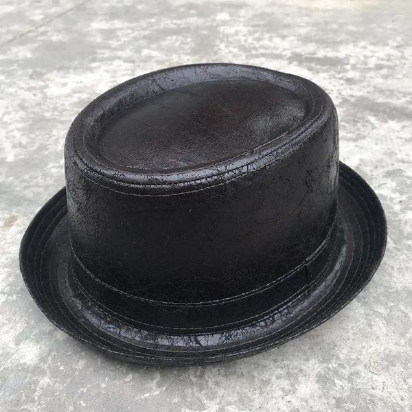 Bérets 4 grande taille en cuir Pork Pie Hat pour papa Fedora hommes plaisancier plat Jazz Gentleman Porkpie haut chapeaux