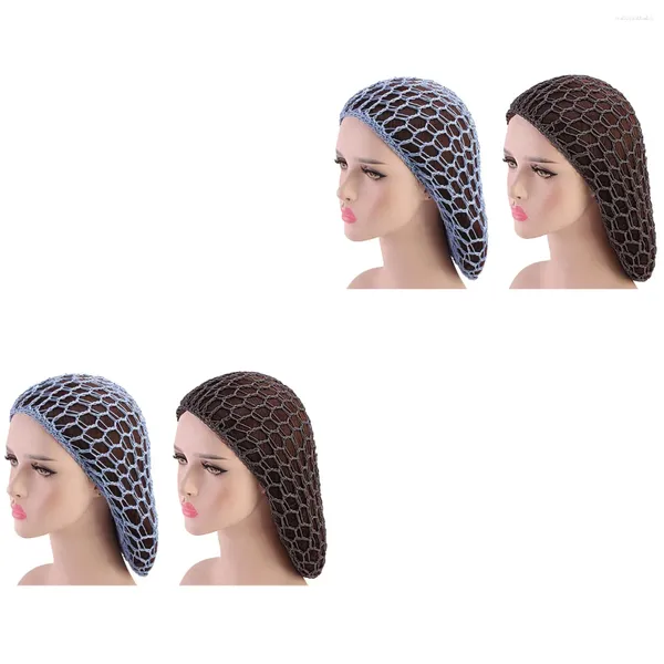 Bérets 4 pièces artisanat crochet filet chapeau long sommeil protecteur de protection des cheveux (bleu clair et gris 1 pièce pour chaque couleur)