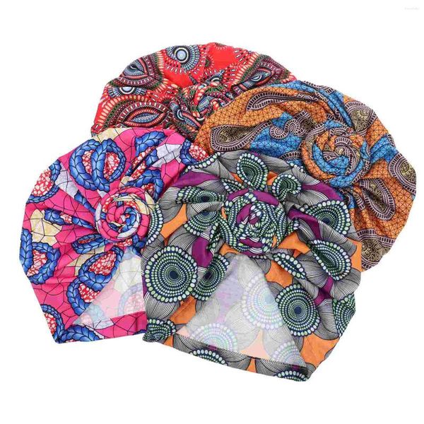 Bérets 4 pièces tourbillon fleur Bandana pre-tied écharpe foulard de tête pour femme bandeau bouffant casquette chapeaux coton Miss cheveux accessoires