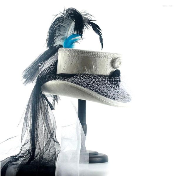 Bérets 4 tailles laine blanche femmes mariée travail manuel Fedora chapeau dame maille Steampunk castor plume fête de mariage haut 15CM