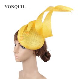 Boinas 4Layer Sinamay Yellow Millinery Wedding Fascinator Sombreros Moda Accesorios para el cabello Scraft Headpiece Diademas Iglesia Alta calidad 230729