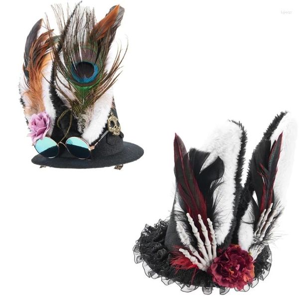 Berets 50jb Girl Steampunks Halloween Halloween haut de chapeau plat avec Skullfeatherrabbits Decors