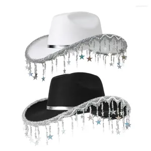 Bérets 50jb Chapeaux de cowboy chatoyants avec des paillettes Fringe étoiles pour les banquets de proms fête Couleur simple adulte prenant PO