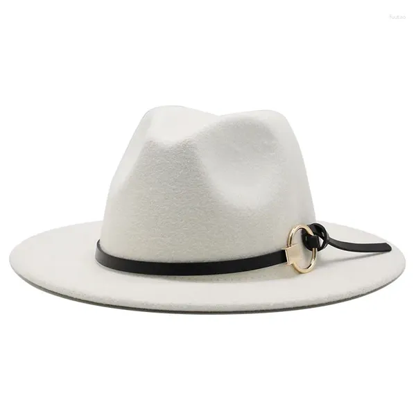 Bérets 56-60cm Hommes Femmes Bord plat Panama Style Laine Feutre Jazz Fedora Chapeau Cap Gentleman Europe Formel Blanc Floppy Trilby Party