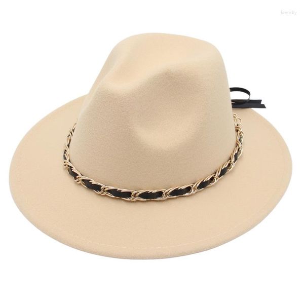 Boinas (56-61cm) Cadena De PU Sombrero De Fedora De Ala Ancha Mujeres Hombres Gorra De Fieltro 2023 Otoño Bull Belt Jazz Ladies Country Sombreros De Mujer