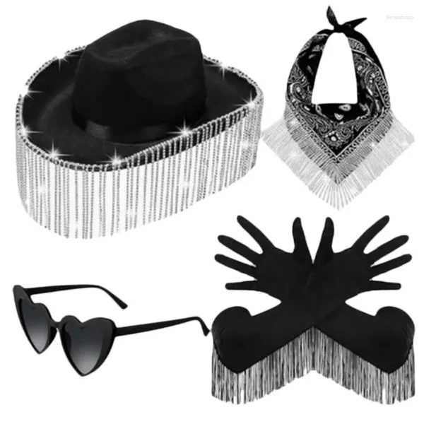 Bérets 652F Cosplay Chapeau de cowboy pour femme WesternStyle Top Foulard Foulard Coeur Lunettes de soleil Bachelorette Party Costume Accessoire