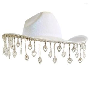 Beretten 652f Elegante cowgirl -hoed voor bruidsdouche witte vrijgezellenfeest glinsterende kremelen brede rand