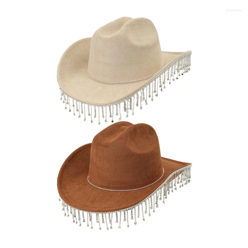 Berets 652F Sparkling Crystal Cowboy Hats Tassels Diamond For Bachelorette Party Disco Hat Aktorka aktorka