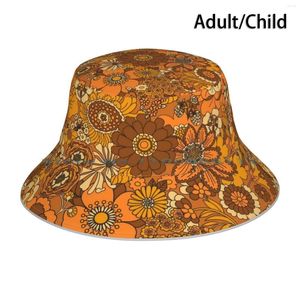 Bérets Floral Des Années 70 En Orange. Chapeau seau casquette de soleil rétro Groovy Hippie années 1970 années 1960 pliable pêcheur en plein air