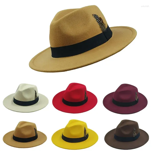 Bérets 7cm large bord Fedora coeur de pêche chapeau haut-de-forme hommes plume sangle messieurs Panama Jazz affaires en gros Sombrero