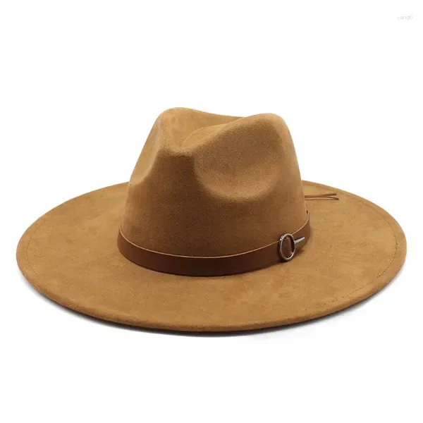 Boinas 9,5 cm sombrero de gamuza de ala grande otoño invierno negro británico retro europeo EE. UU. Fiesta al aire libre Jazz Fedora sombreros gorra de fieltro occidental