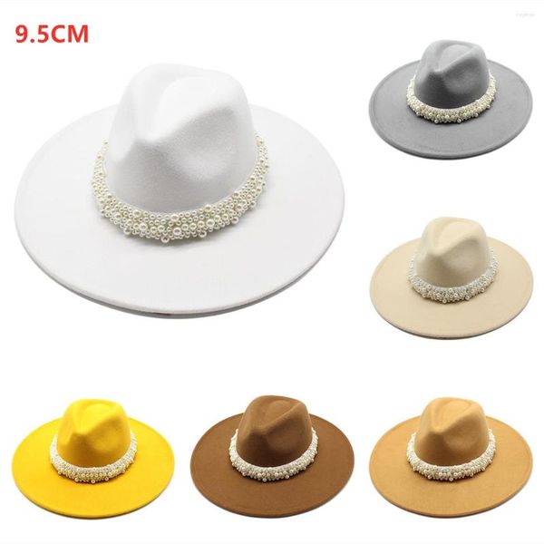 Boinas 9.5 cm Big Brim Unisex Color Sólido Solo Lado Perla Lana Fieltro Jazz Fedora Sombreros Elegante Hombres Mujeres Panamá Trilby Cap al por mayor