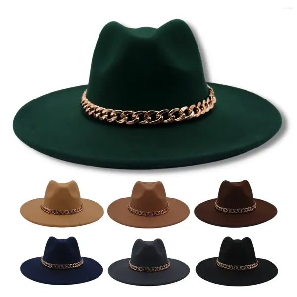 Boinas 9,5 cm sombrero Fedora de ala ancha grande para mujer Casual cadena de Metal dorado fiesta sombreros de fieltro Jazz moda elegante vestido Trilby