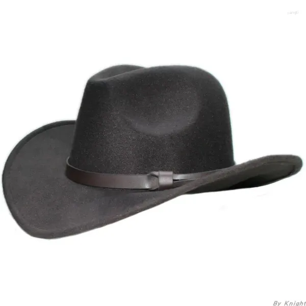 Boinas A185 Sombrero de fieltro de lana para adultos Cinturón de cuero de café Padre y vaquero Gorras de bolos de estilo universitario de ala grande