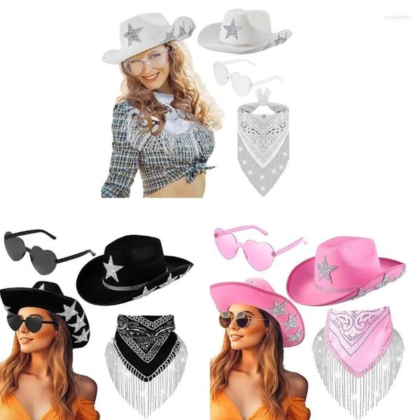 Boinas Adulto Corazón Gafas de sol Anacardo Pañuelo Sombrero de vaquero Conjunto Carnaval A prueba de sol con estrella 3pcs / pack