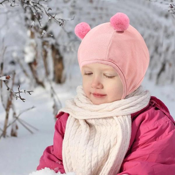 Boinas para adultos Mad Hat Baby Cute Tethered Cold Protection Warm Ball Ear Gorro de lana grueso para niños Fuzzy para invierno