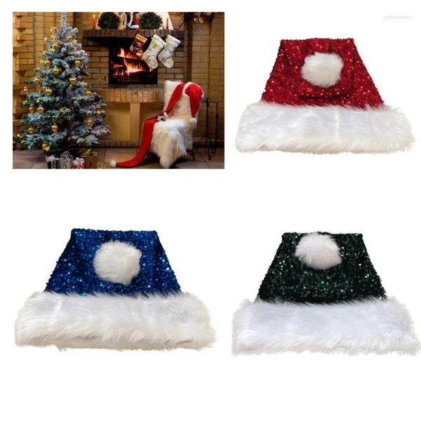 Bérets Chapeau de Père Noël pour adultes avec paillettes Épaissir la peluche pour les vacances Doublure confortable Symbole de l'année de Noël Casquette à bord blanc