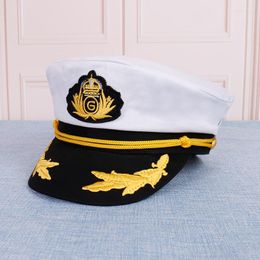 Boinas para adultos, yate, barco, marinero, capitán, disfraz, sombrero de algodón, gorra, almirante marino, bordado, capitán (blanco)
