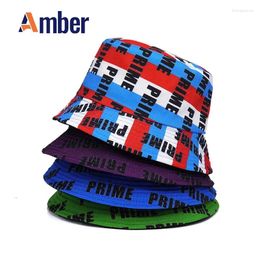 Bérets Amber Letter Imprimer Bucket Hat Panama Fisherman Chapeaux Men Femmes Prime Printing Harajuku Été extérieur Hip Hop Bob Cap Gorras