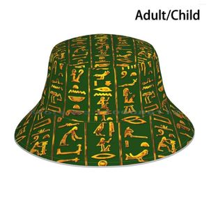 Bérets Hiéroglyphes égyptiens anciens (Or sur vert) Chapeau seau Casquette solaire Egypte Pharaon Anubis Symbole de la déesse