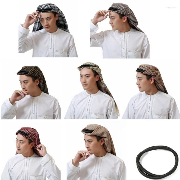 Boinas Hombres árabes Pañuelo para la cabeza Envoltura de cuello transpirable con cuerda Aqel Estampado a cuadros Turbante Oriente Medio Cubierta para la cabeza Traje árabe