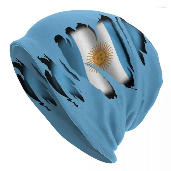 Boinas Argentina Bandera rasgada Tatuaje Skullies Gorros Gorros Ropa de calle Invierno Cálido Gorro de punto Unisex Adulto Argentino Orgulloso Bonnet Sombreros