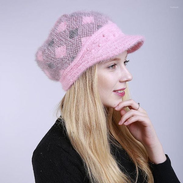 Bérets Arrivée Coupe-vent Automne Hiver Mélange Couleur Perles Tricoté Plaid Épais Chaud Oreillettes Chapeau Doux Femmes Casual Visière Bonnet Chapeaux