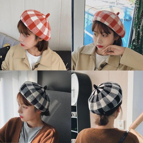 Boinas de otoño e invierno para mujer coreana, boina de lana tejida suave para mujer, sombrero a cuadros inglés, octogonal versátil japonés