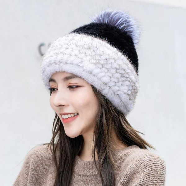 Boinas Otoño e invierno Gorro de punto de visón para mujer Paja de cuero Bola de pelo gruesa para niños Protección para las orejas cálida Esquí