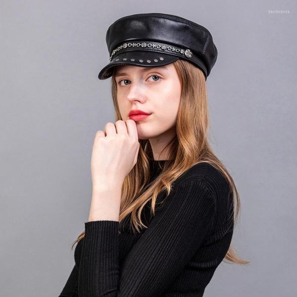 Berets Autumn printemps hiver féminin élégant chapeau militaire armée véritable capuchon de cuir véritable femme vintage plats caps moutons hatberets davi2