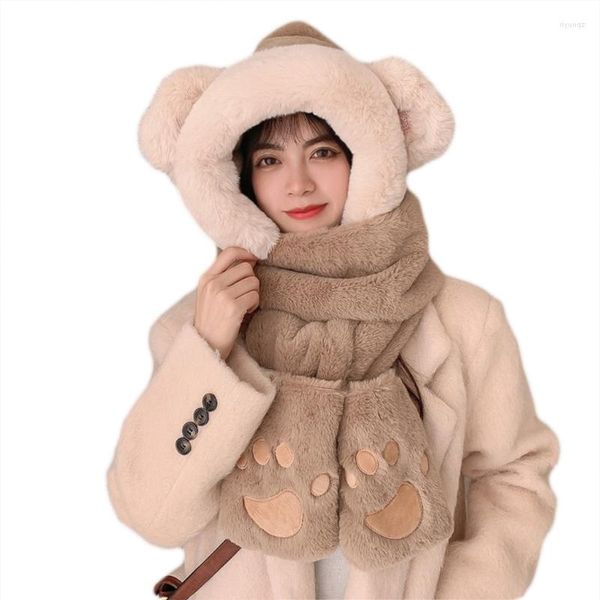 Berretti Autunno Inverno Cappello animale 3 in 1 Berretto con sciarpa Guanti da sci per donna