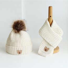 Berretti Autunno Inverno Baby Boy Cappello Sciarpa Set in due pezzi Caldo pile Ragazza Bambini Orso Berretto di lana Fazzoletto da collo Berretto per bambini