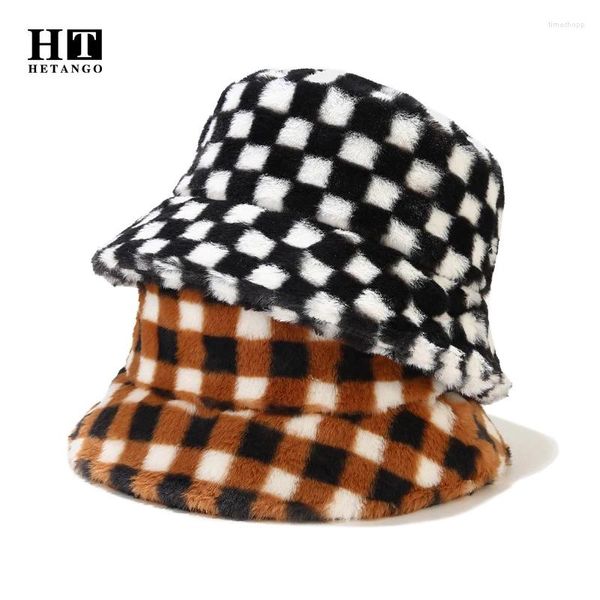 Bérets d'automne hiver en noir et blanc chapeau plaid mode décontracté pêcheur chaud fraîcheur en fausse fourrure chapeaux de bassin