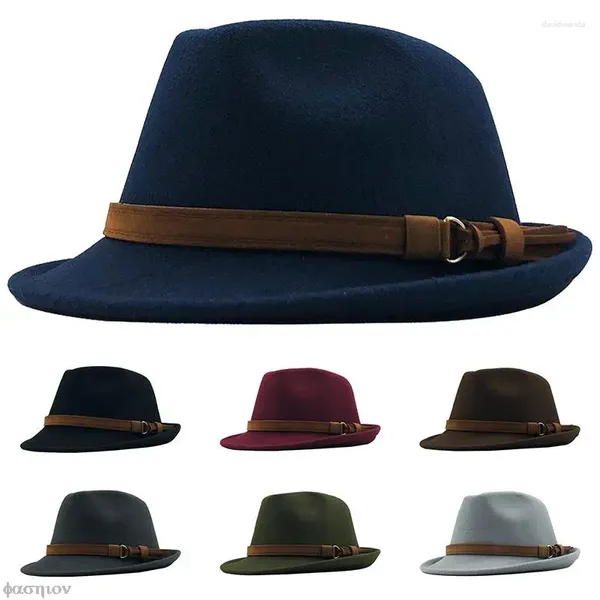 Boinas Otoño Invierno Negro Lana de los hombres Sombrero Fedora con ala ancha Señoras Faux Top Fieltro Fedoras Jazz Cinturón