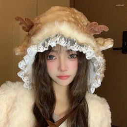 Berets outono inverno bonito natal elk pelúcia bombardeiro chapéu feminino chifres quente frio proteção de ouvido coreano lei feng maré